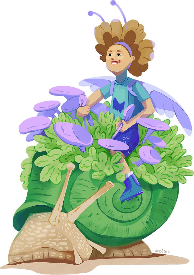 Dessin d'une personne à dos d'un géant escargot ayant du gazon et des fleurs sur sa coquille